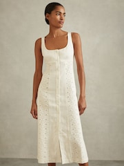 Reiss Ivory Clarice Petite Linen Broderie Midi Dress - Image 3 of 6