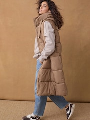 Toffee Brown Shower Resistant Knit Collar Hooded Padded Gilet - Image 1 of 9