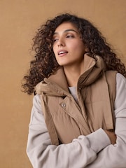 Toffee Brown Shower Resistant Knit Collar Hooded Padded Gilet - Image 4 of 9