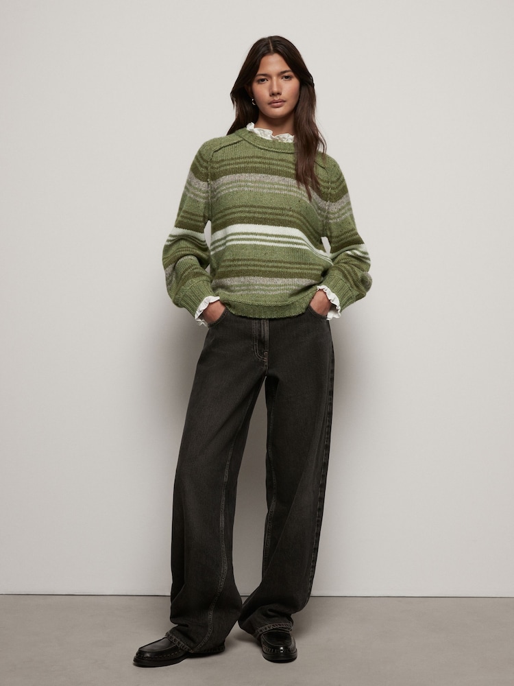 Khaki Green Ruffle Neck Knitted 100% Cotton Jumper - Image 2 of 8