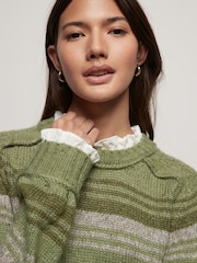 Khaki Green Ruffle Neck Knitted 100% Cotton Jumper - Image 4 of 8