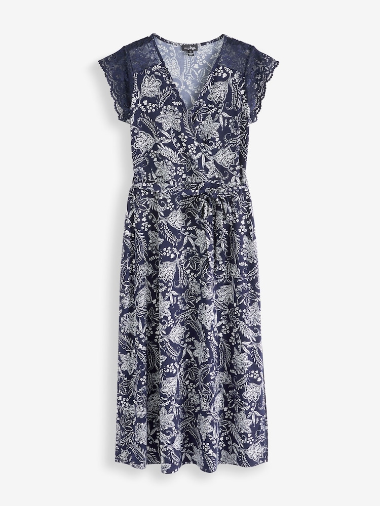 Pour Moi Navy White Julie Slinky Jersey Lace Trim Midi Dress - Image 2 of 5 Pour Moi Navy White Julie Slinky Jersey Lace Trim Midi Dress - Image 2 of 5