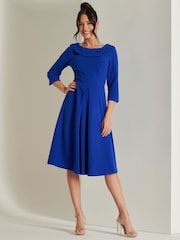Jolie Moi Blue 3/4 Sleeve Fold Neck Midi Dress - Image 1 of 6
