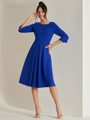 Jolie Moi Blue 3/4 Sleeve Fold Neck Midi Dress - Image 3 of 6