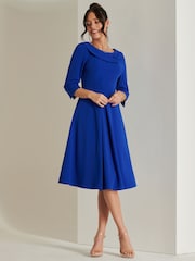 Jolie Moi Blue 3/4 Sleeve Fold Neck Midi Dress - Image 4 of 6