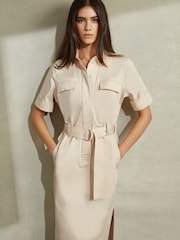 Reiss Stone Aimie Cotton Blend Utility Belted Midi Dress - Image 1 of 6
