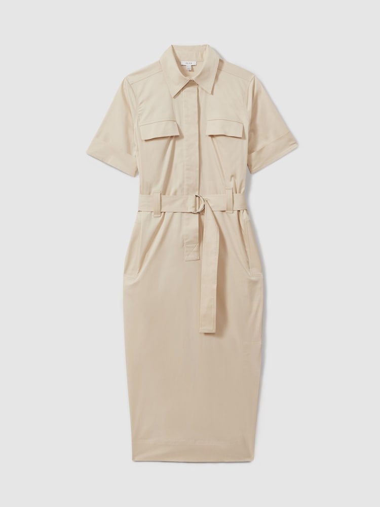 Reiss Stone Aimie Cotton Blend Utility Belted Midi Dress - Image 2 of 6