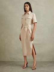 Reiss Stone Aimie Cotton Blend Utility Belted Midi Dress - Image 3 of 6
