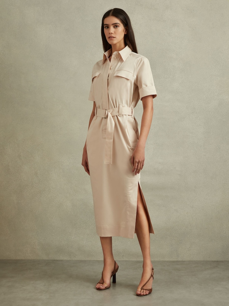 aimie cotton blend utility belted midi dress in stone Women's Dresses Utility Workwear Midi Skirts