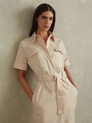 Reiss Stone Aimie Cotton Blend Utility Belted Midi Dress - Image 4 of 6