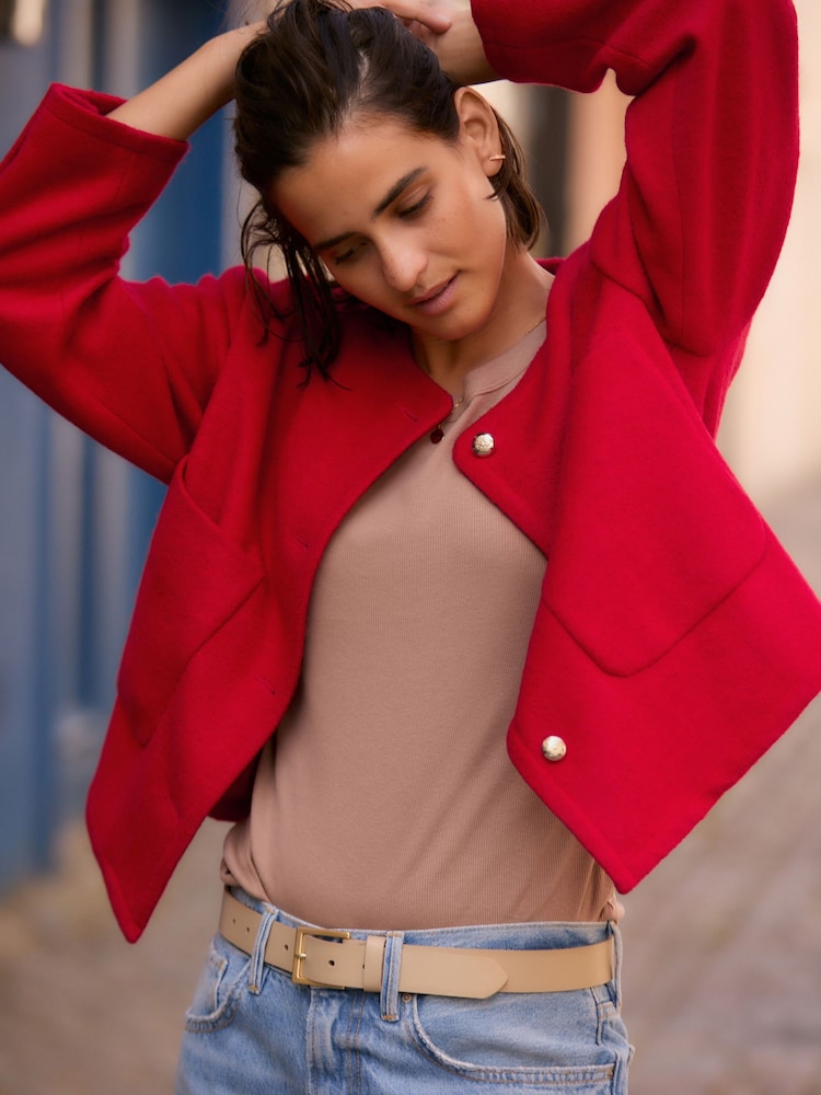 Red Textured Boucle Jacket With Wool - Image 2 of 6 Red Textured Boucle Jacket With Wool - Image 2 of 6