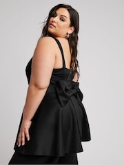 Yours Curve Black Bow Back Peplum Top - Image 1 of 4