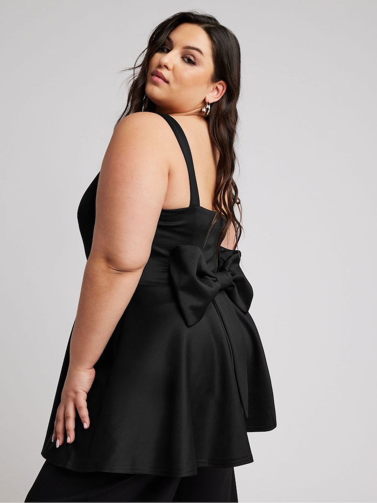 Yours Curve Black Bow Back Peplum Top - Image 1 of 4 Yours Curve Black Bow Back Peplum Top - Image 1 of 4