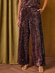 Love & Roses Chocolate Brown Sequin Wide Leg Trousers - Image 1 of 5