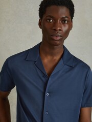 Reiss Airforce Blue Caspa Mercerised 100% Cotton Jersey Cuban Collar Shirt - Image 1 of 6