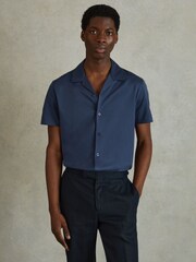 Reiss Airforce Blue Caspa Mercerised 100% Cotton Jersey Cuban Collar Shirt - Image 4 of 6