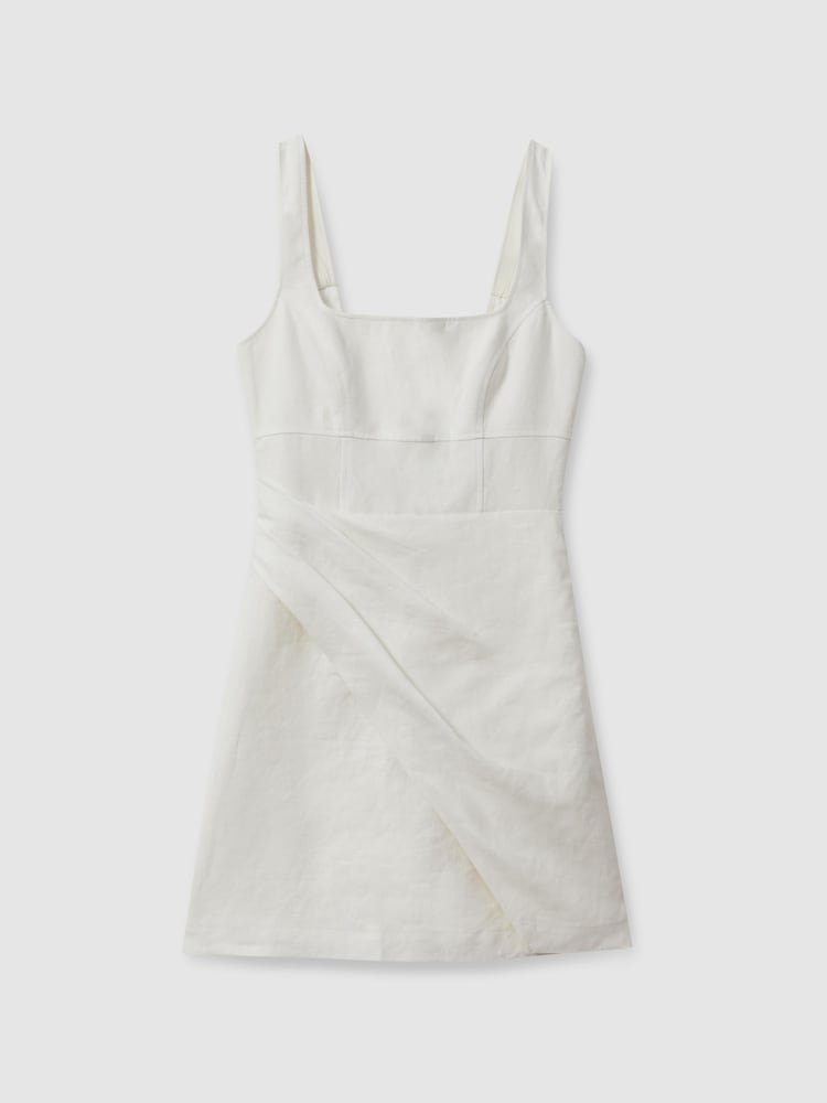 Reiss Cream Piper Linen Pleat Detail Mini Dress - Image 2 of 5