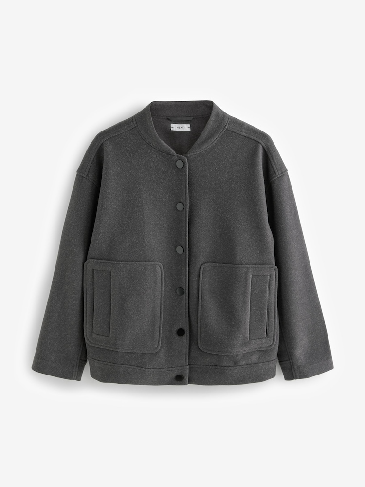 Grey Print Brushed Longline Bomber Jacket - Image 2 of 7 Grey Print Brushed Longline Bomber Jacket - Image 2 of 7