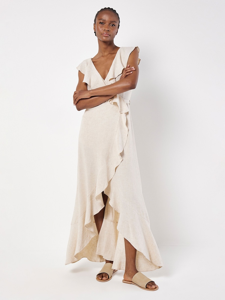 Apricot Cream Ruffle Wrap Hi-Lo Linen Mix Dress - Image 1 of 5