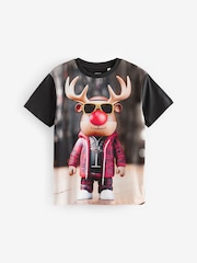 Cool Rudolph Black Short Sleeve Christmas 100% Cotton T-Shirt (3-16yrs) - Image 1 of 4