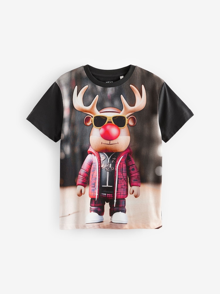 Cool Rudolph Black Short Sleeve Christmas 100% Cotton T-Shirt (3-16yrs) - Image 1 of 4