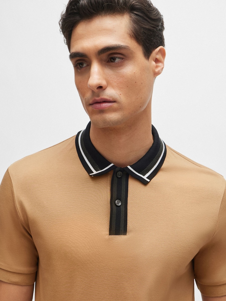 BOSS Tan Brown Contrast Collar Slim Fit Polo Shirt - Image 1 of 5