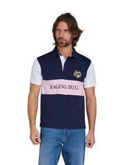 Raging Bull Blue 100% Cotton Short Sleeve Cut & Sew Panel Rugby Shirt - Image 1 of 7