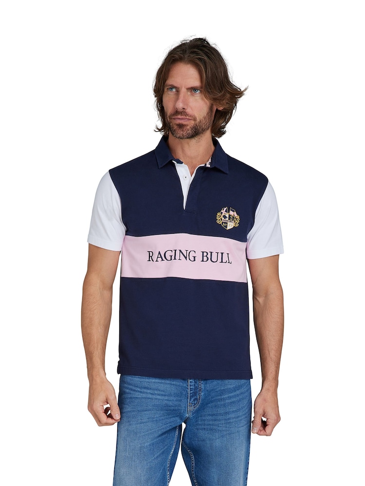 Raging Bull Blue 100% Cotton Short Sleeve Cut & Sew Panel Rugby Shirt - Image 1 of 7