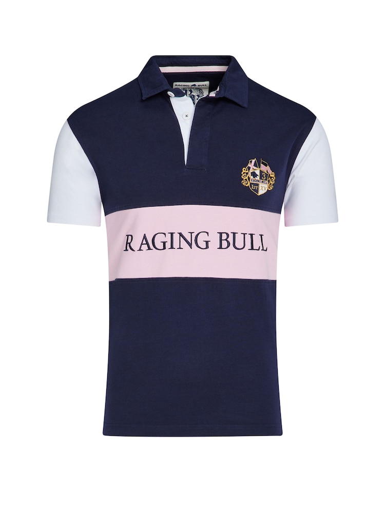 Raging Bull Blue 100% Cotton Short Sleeve Cut & Sew Panel Rugby Shirt - Image 7 of 7