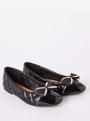 Lipsy Black Faux Leather Flat Slip On Quilted Bow Ballerina School Shoe - Image 1 of 4