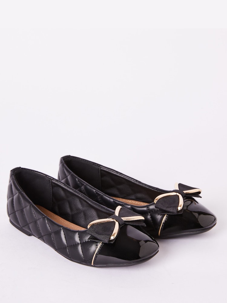 Lipsy Black Faux Leather Flat Slip On Quilted Bow Ballerina School Shoe - Image 1 of 4