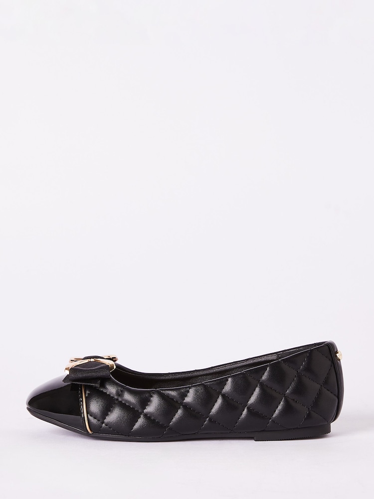 Lipsy Black Faux Leather Flat Slip On Quilted Bow Ballerina School Shoe - Image 2 of 4
