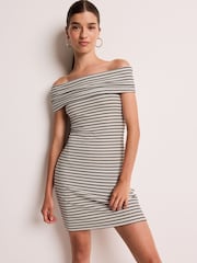 Navy/White Stripe Bardot Rib Summer Mini Dress - Image 2 of 6