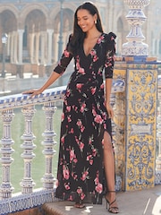 Sosandar Black Puff Sleeve Midi Wrap Dress - Image 1 of 5