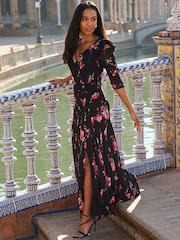 Sosandar Black Puff Sleeve Midi Wrap Dress - Image 2 of 5