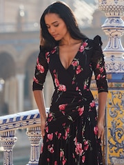 Sosandar Black Puff Sleeve Midi Wrap Dress - Image 4 of 5