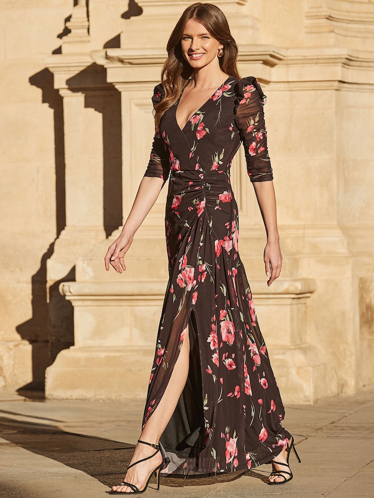 Sosandar Black Puff Sleeve Midi Wrap Dress - Image 5 of 5