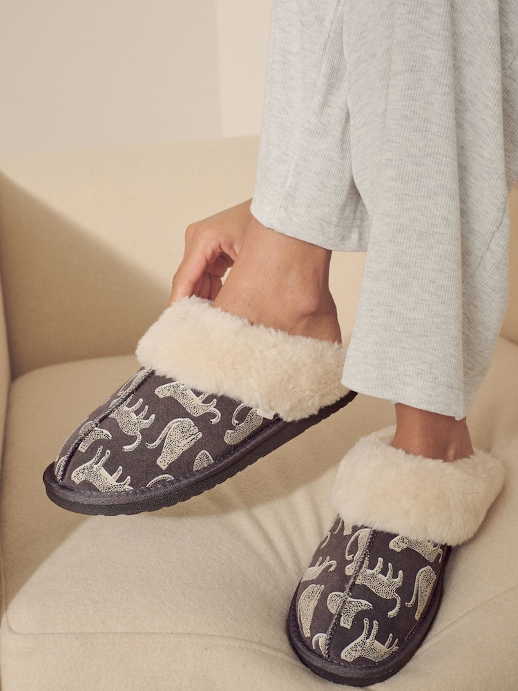 Charcoal Grey Lionel Scion Suede Faux Fur Lined Mule Slippers - Image 1 of 7