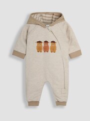 JoJo Maman Bébé Natural Highland Cow Appliqué Zip Up Hooded Romper - Image 1 of 3