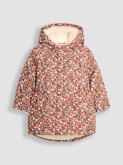 JoJo Maman Bébé Toffee Brown Floral Hooded Cosy Lined Printed Parka - Image 1 of 3