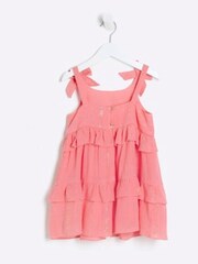 River Island Pink Mini Girls 100% Cotton Coral Sparkle Tiered Dress - Image 1 of 4