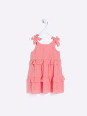 River Island Pink Mini Girls 100% Cotton Coral Sparkle Tiered Dress - Image 2 of 4