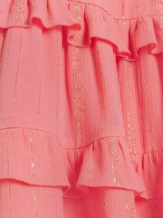 River Island Pink Mini Girls 100% Cotton Coral Sparkle Tiered Dress - Image 3 of 4