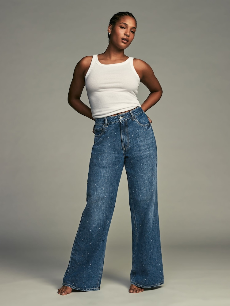 Dark Wash Embellished Wide Leg 100% Cotton Jeans - Image 1 of 8
