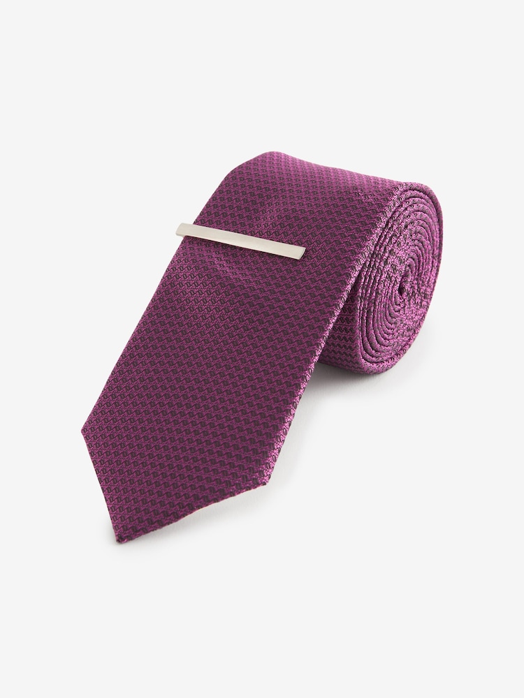 Purple Grape Slim Textured Tie And Clip Set - Image 1 of 3