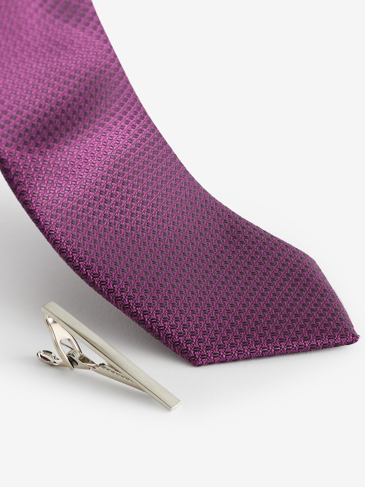 Purple Grape Slim Textured Tie And Clip Set - Image 2 of 3