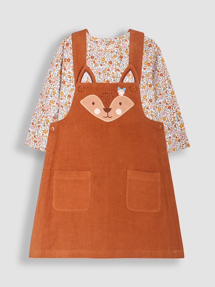 JoJo Maman Bébé Brown Fox Appliqué Cord Dress & Floral Top Set - Image 1 of 6