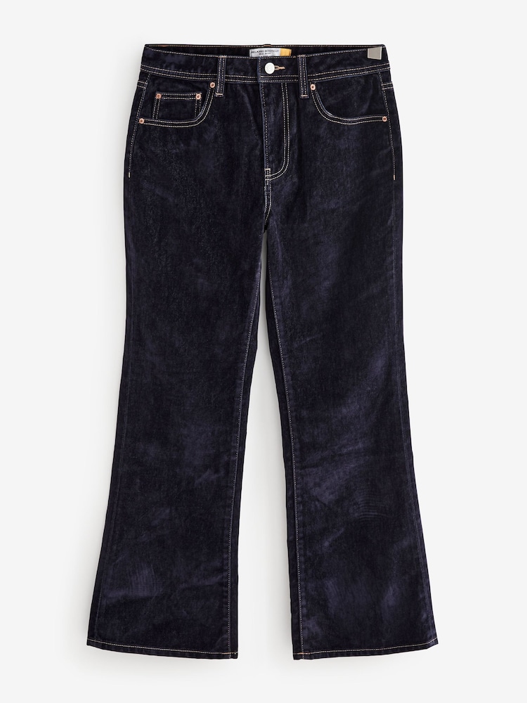 Navy Velvet Flocked Relaxed Bootcut 100% Cotton Jeans - Image 1 of 3