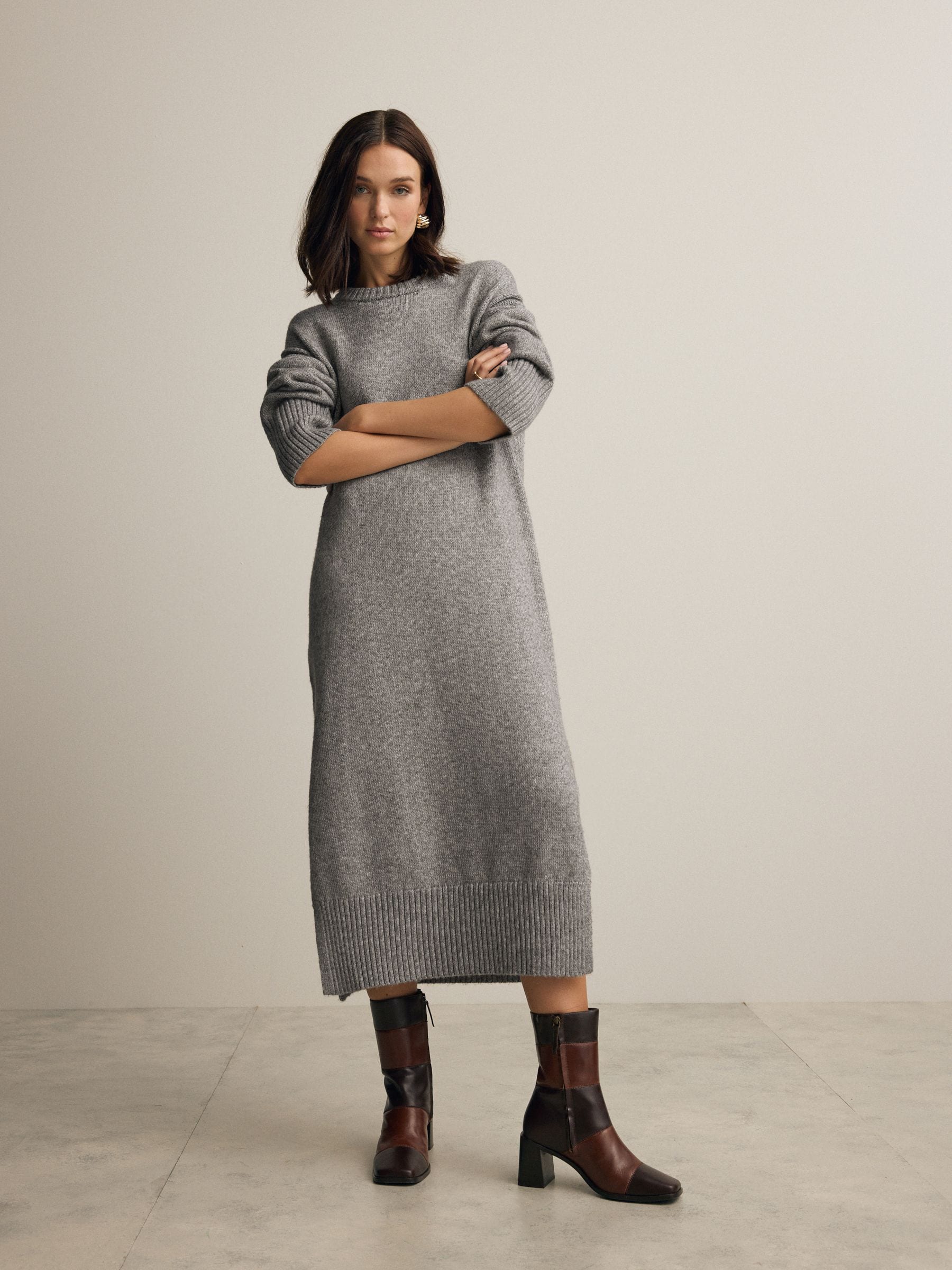 Neutral Brown Mole Relaxed Soft Touch Crew Neck Midi Knitted Jumper Dress