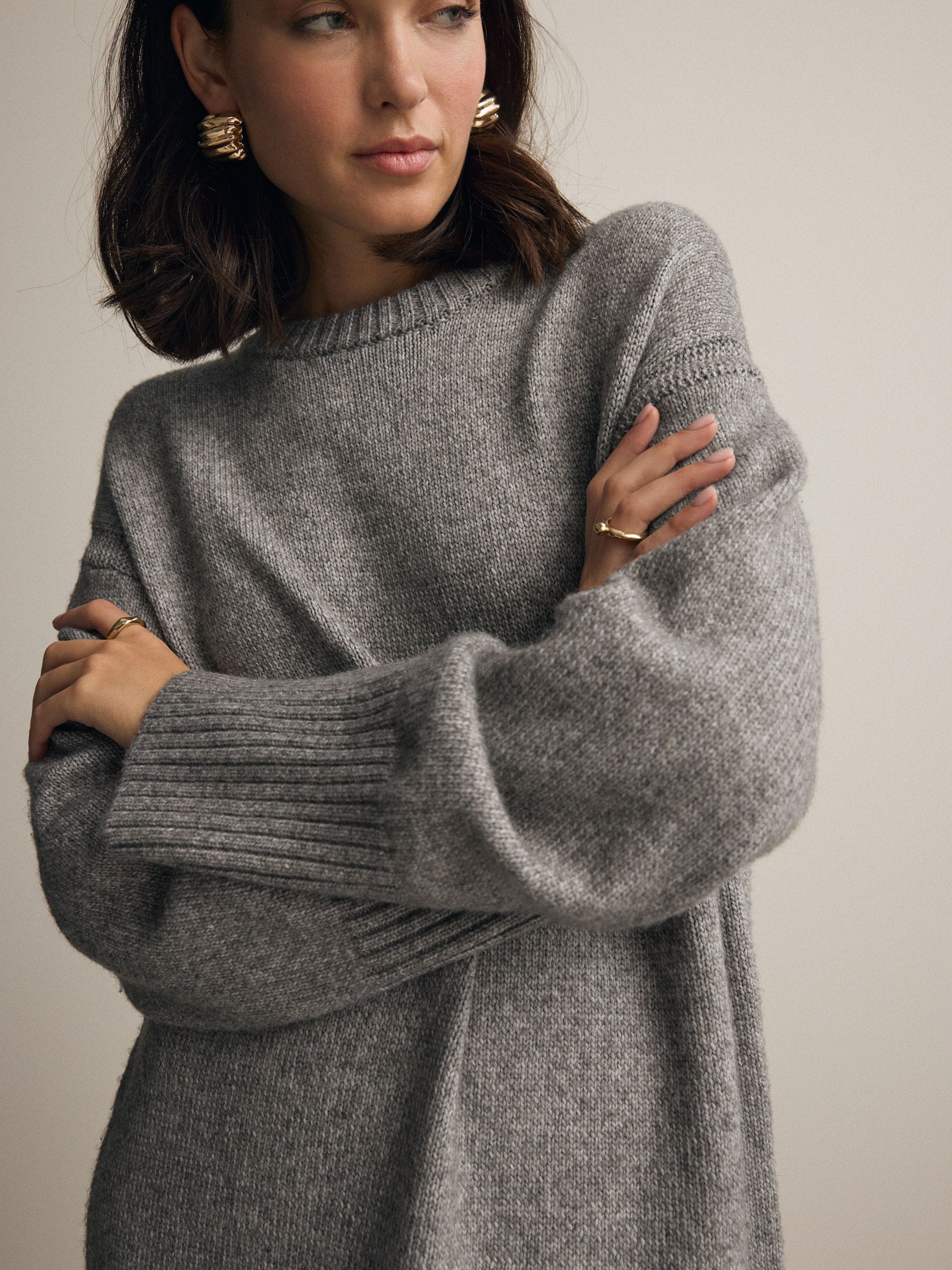 Neutral Brown Mole Relaxed Soft Touch Crew Neck Midi Knitted Jumper Dress